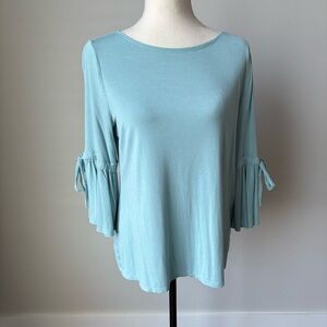 White House Black Market Aqua Blouse with Tie Bell Sleeves